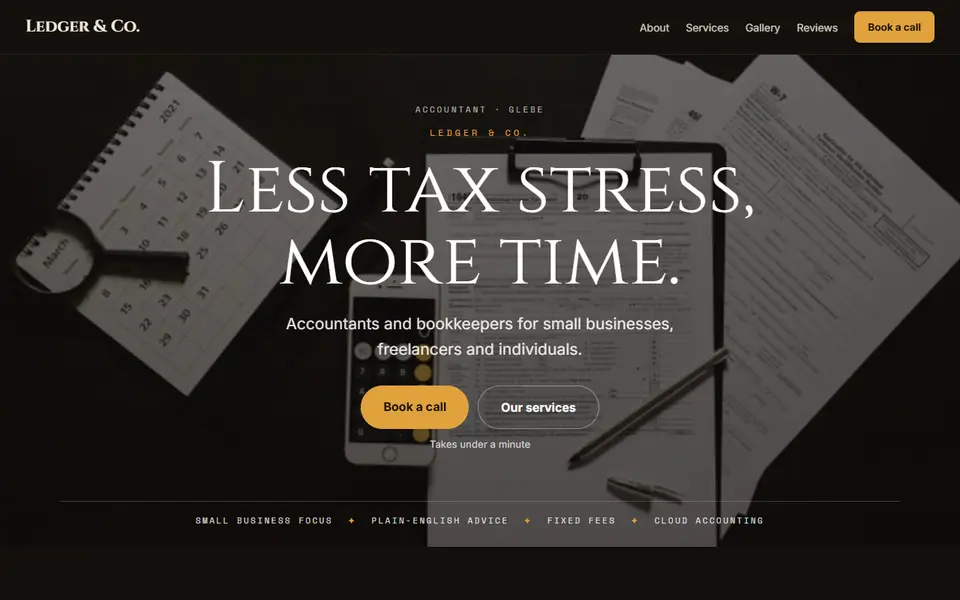 Ledger & Co.: the accountant site as it opens, Moody Dark direction