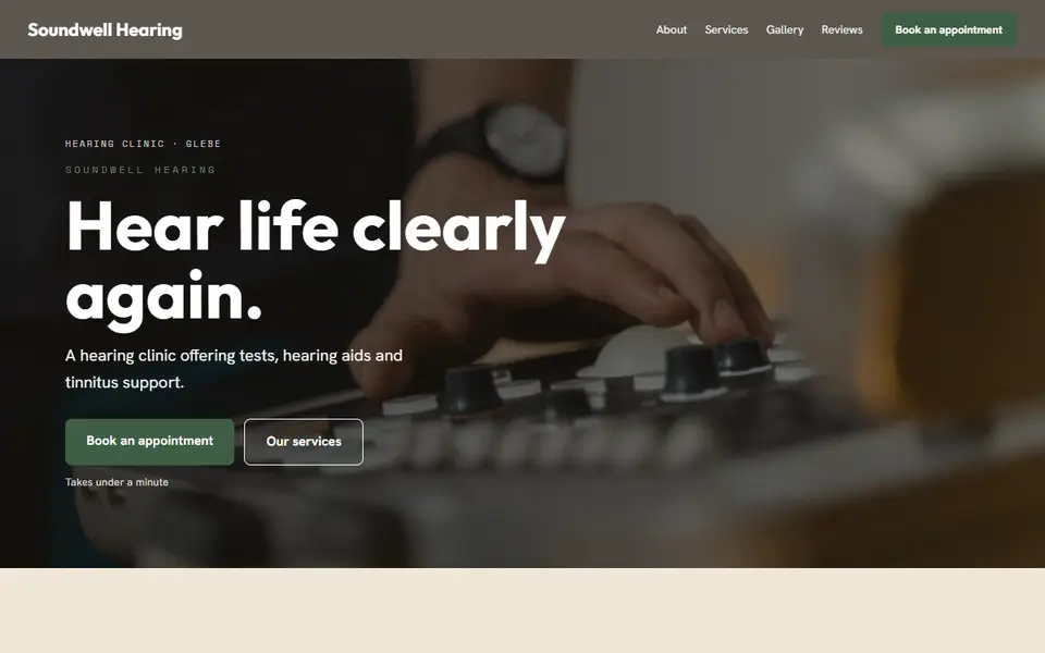 Soundwell Hearing: the hearing clinic site as it opens, Warm Classic direction