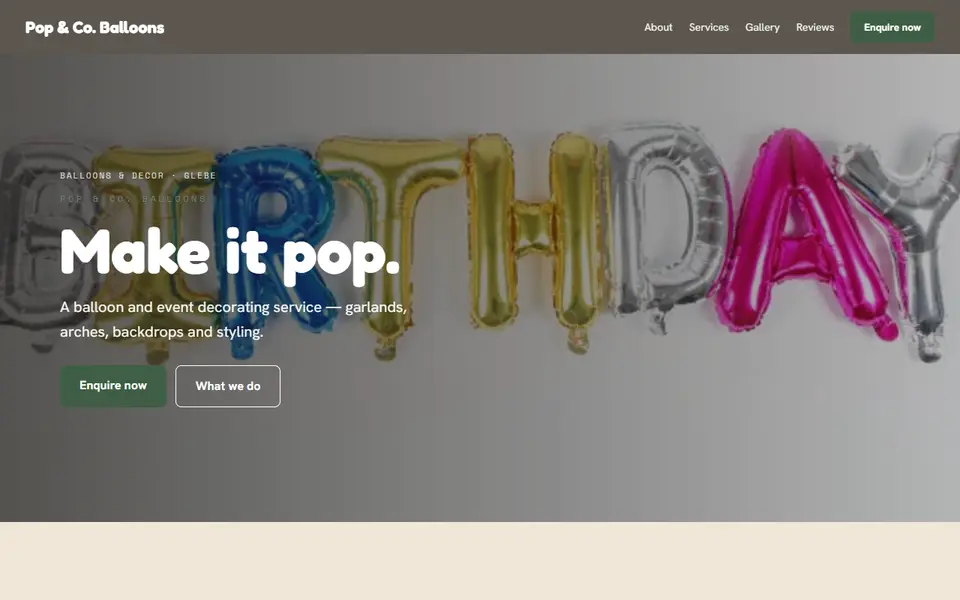 Pop & Co. Balloons: the balloons and decor site as it opens, Warm Classic direction
