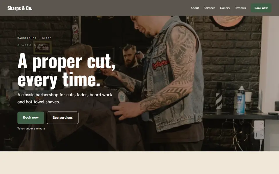 Sharps & Co.: the barbershop site as it opens, Warm Classic direction