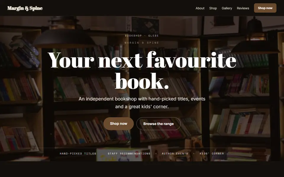 Margin & Spine: the bookshop site as it opens, Moody Dark direction