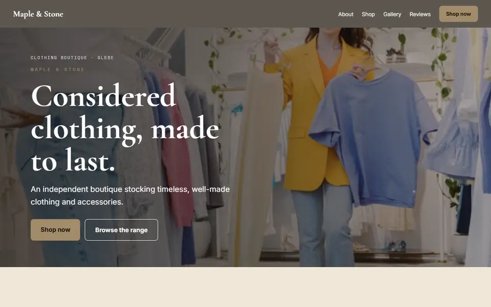Maple & Stone: the clothing boutique site as it opens, Warm Classic direction