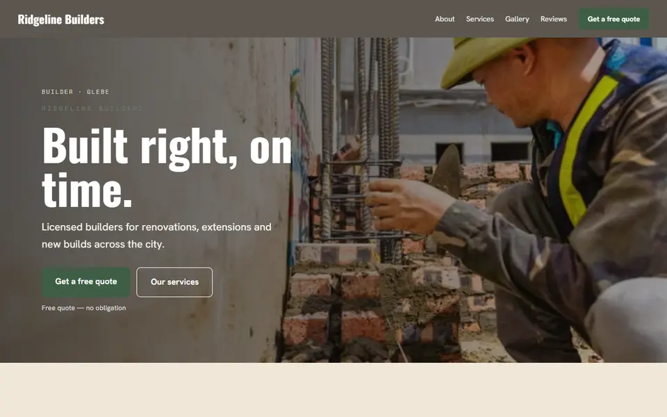 Ridgeline Builders: the builder site as it opens, Warm Classic direction