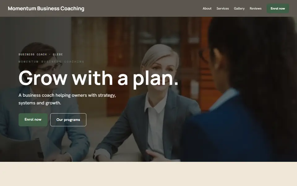 Momentum Business Coaching: the business coach site as it opens, Warm Classic direction