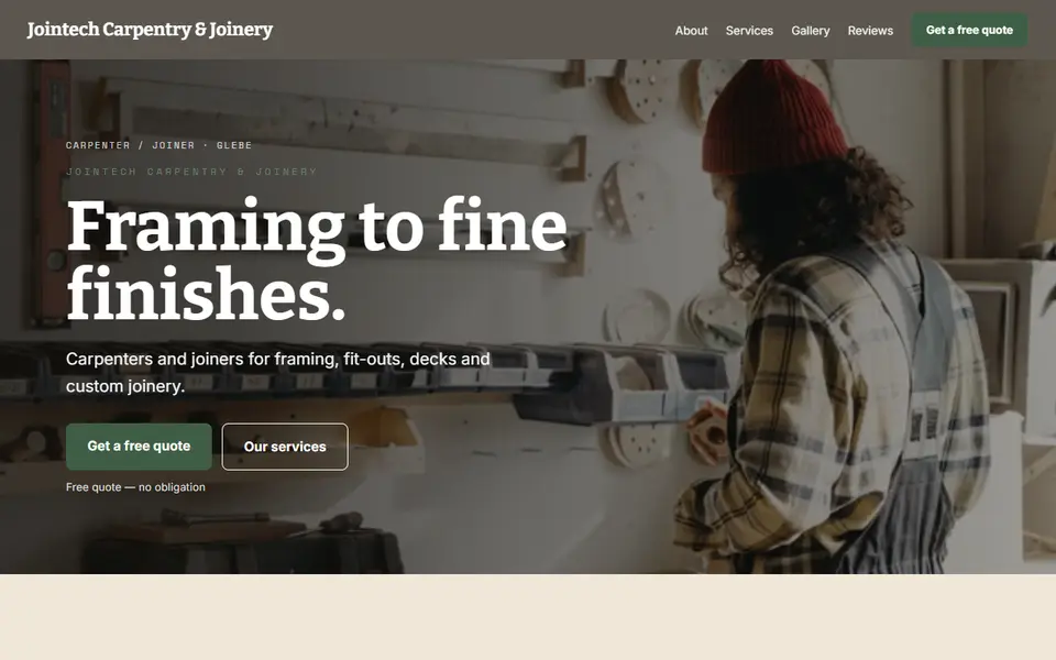 Jointech Carpentry & Joinery: the carpenter site as it opens, Warm Classic direction