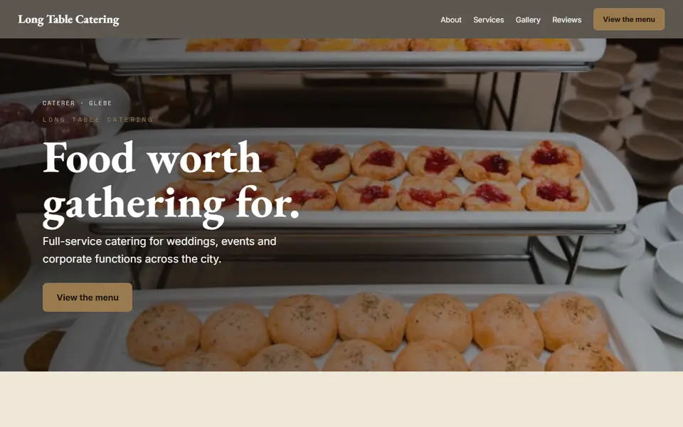 Long Table Catering: the caterer site as it opens, Warm Classic direction