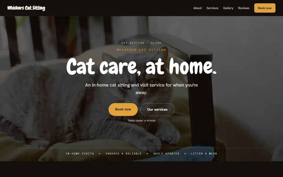 Whiskers Cat Sitting: the cat sitting site as it opens, Moody Dark direction