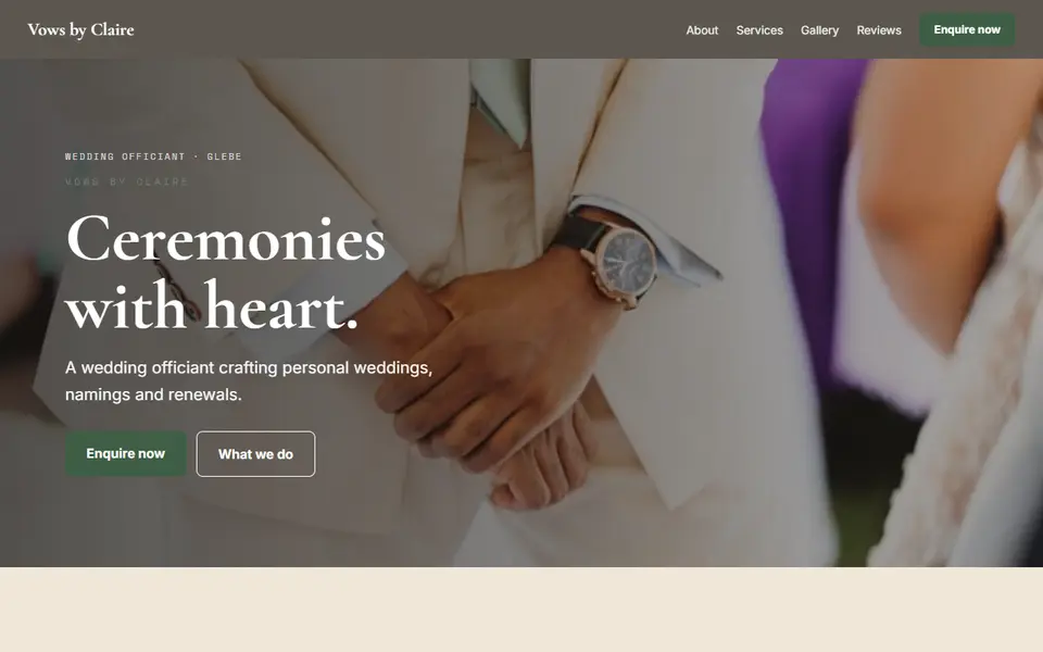 Vows by Claire: the wedding officiant site as it opens, Warm Classic direction