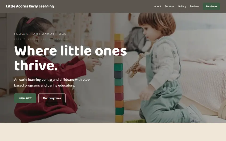 Little Acorns Early Learning: the childcare site as it opens, Warm Classic direction