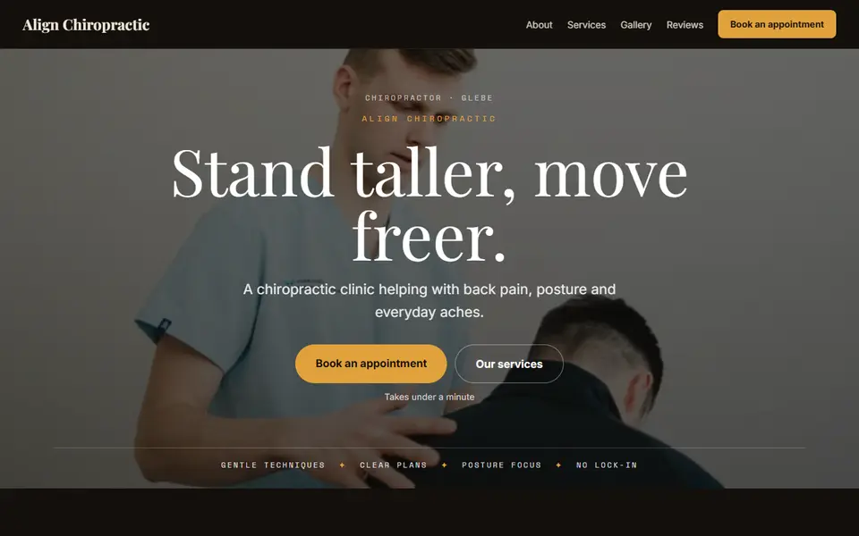 Align Chiropractic: the chiropractor site as it opens, Moody Dark direction