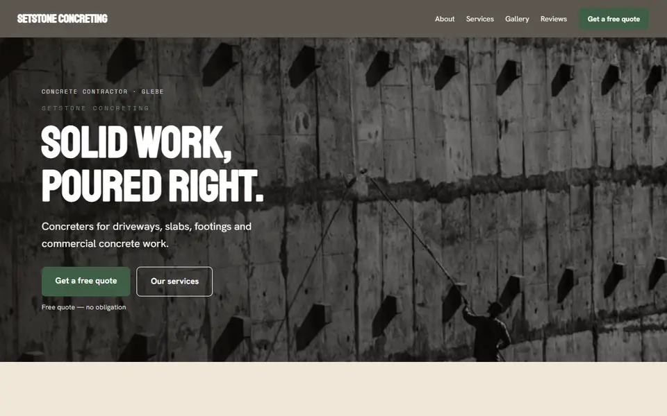 SetStone Concreting: the concrete contractor site as it opens, Warm Classic direction
