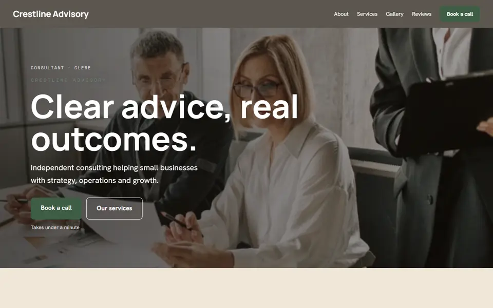 Crestline Advisory: the consultant site as it opens, Warm Classic direction