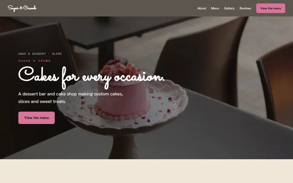 Sugar & Crumb: the cake and dessert site as it opens, Warm Classic direction
