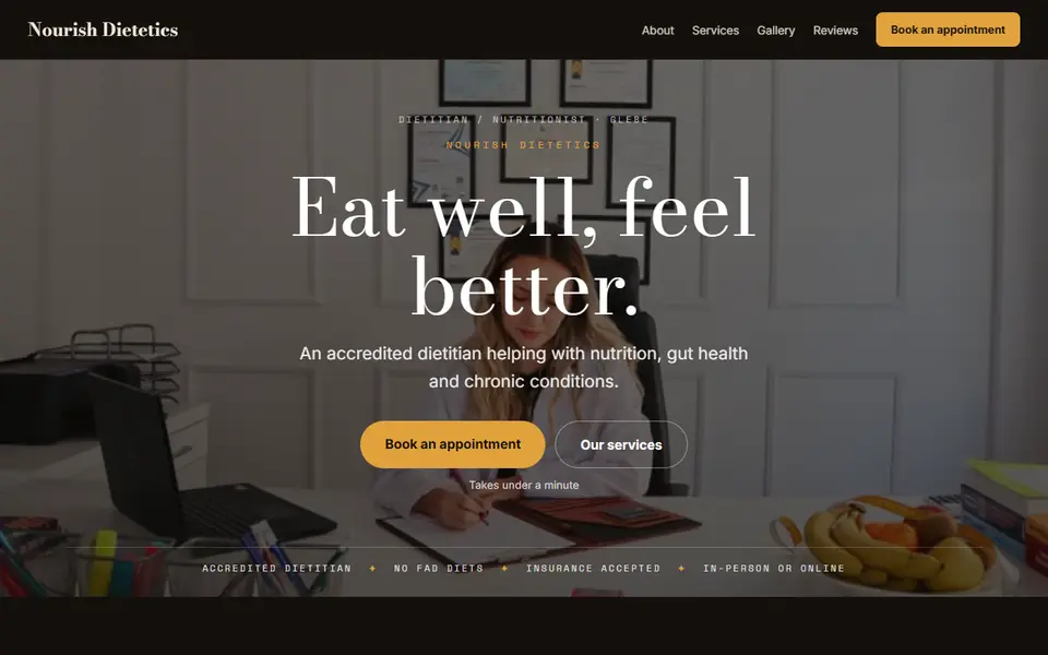 Nourish Dietetics: the dietitian site as it opens, Moody Dark direction