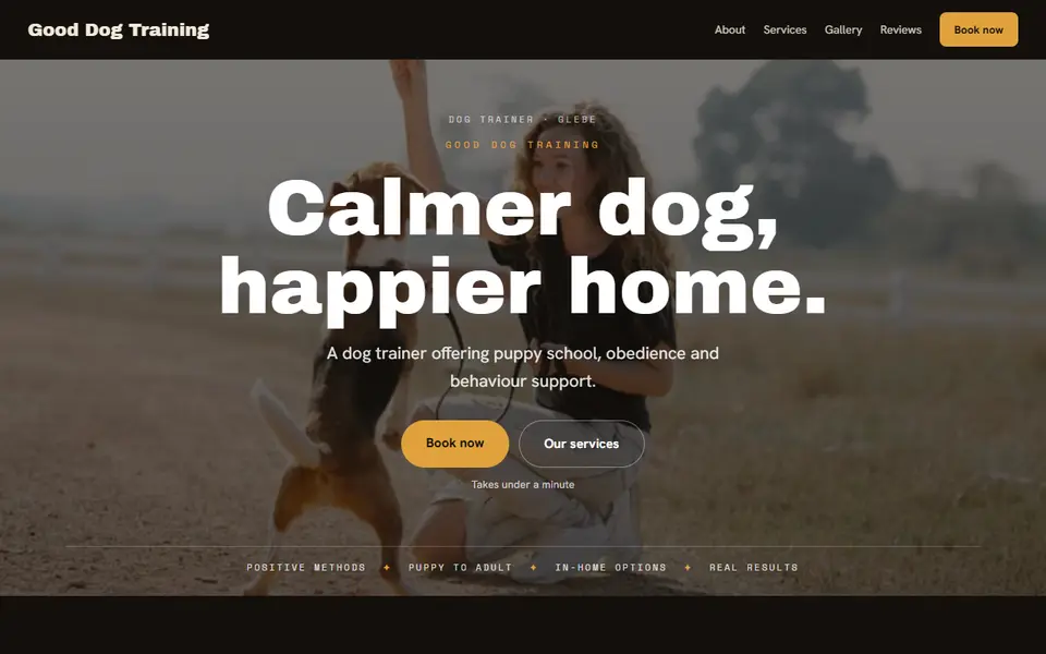 Good Dog Training: the dog trainer site as it opens, Moody Dark direction