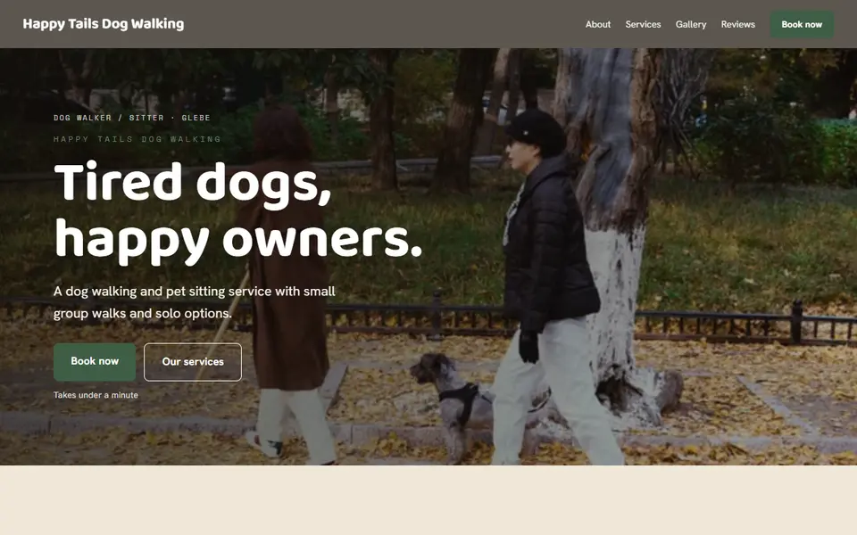 Happy Tails Dog Walking: the dog walker site as it opens, Warm Classic direction
