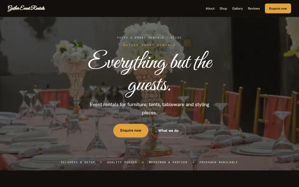 Gather Event Rentals: the party and event rentals site as it opens, Moody Dark direction