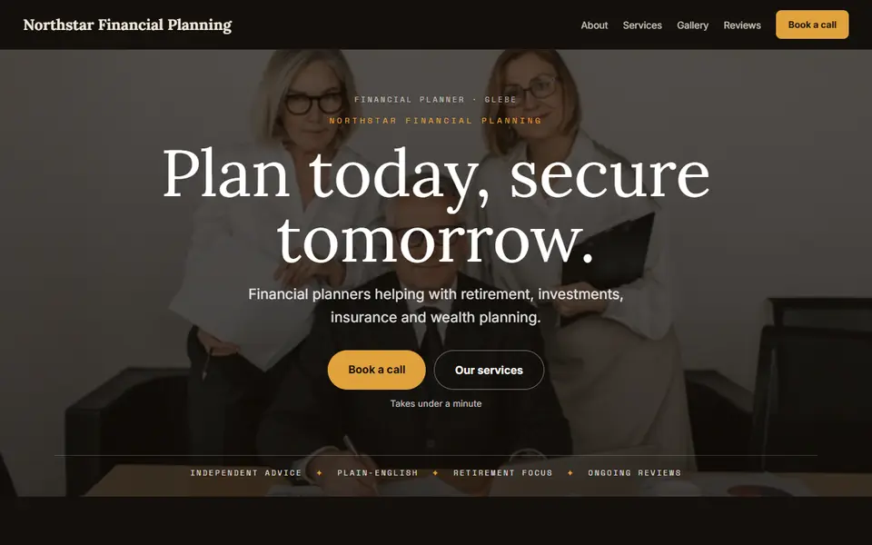 Northstar Financial Planning: the financial planner site as it opens, Moody Dark direction