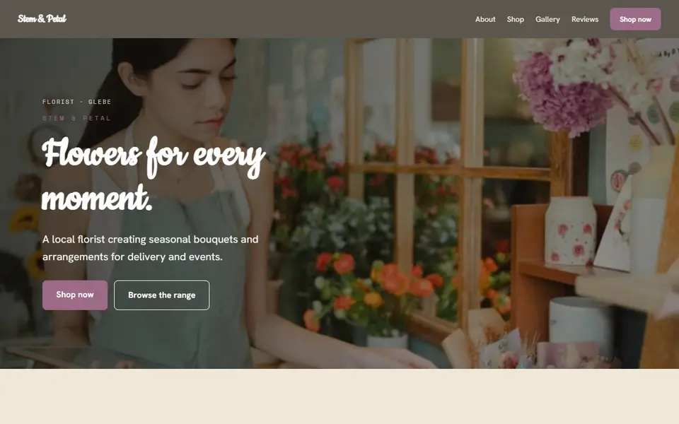 Stem & Petal: the florist site as it opens, Warm Classic direction