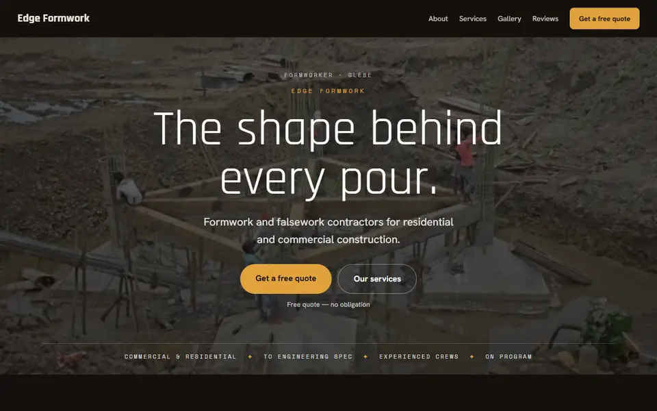 Edge Formwork: the formworker site as it opens, Moody Dark direction