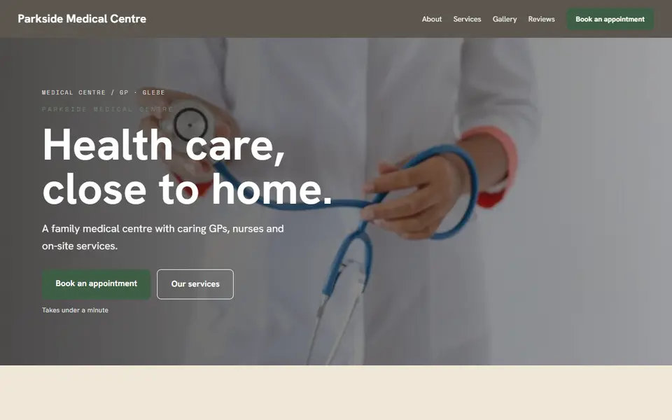 Parkside Medical Centre: the medical centre site as it opens, Warm Classic direction