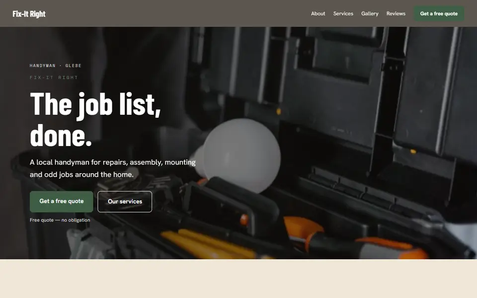 Fix-It Right: the handyman site as it opens, Warm Classic direction