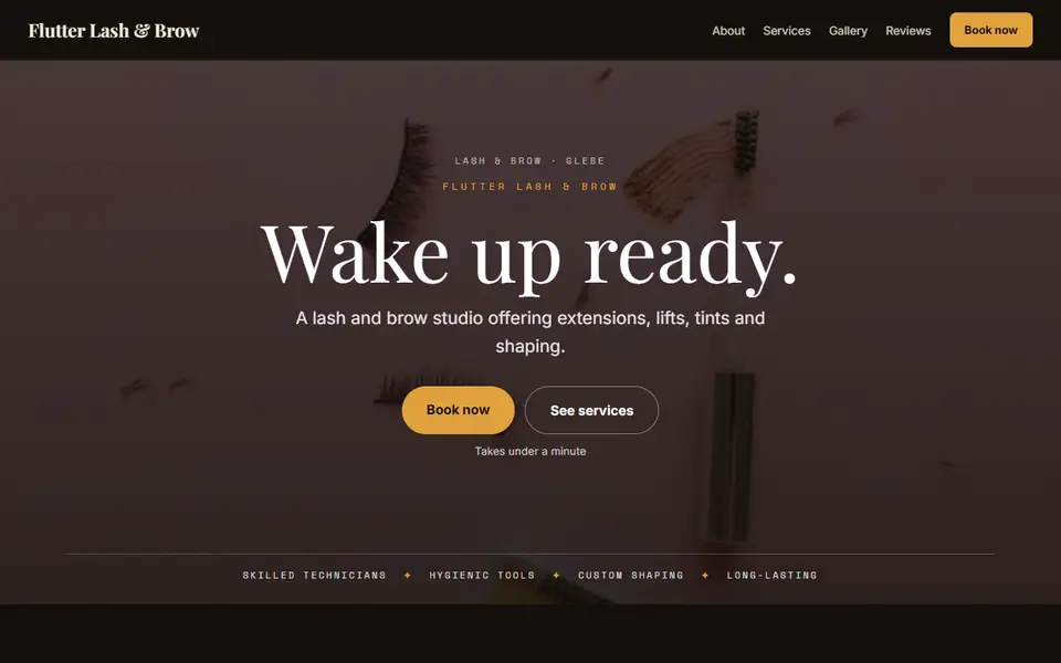 Flutter Lash & Brow: the lash and brow site as it opens, Moody Dark direction