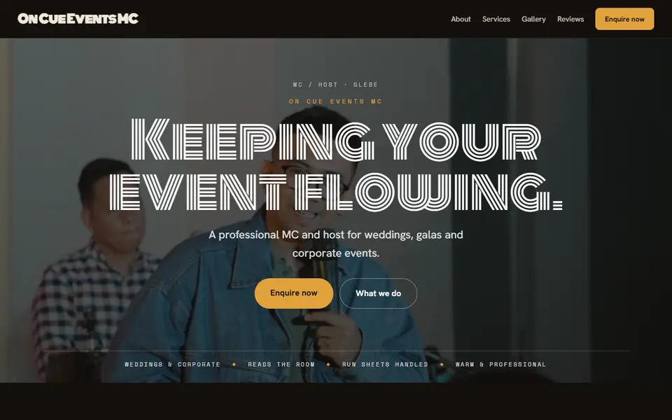On Cue Events MC: the MC site as it opens, Moody Dark direction