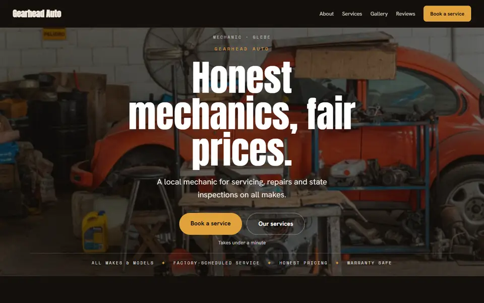 Gearhead Auto: the mechanic site as it opens, Moody Dark direction