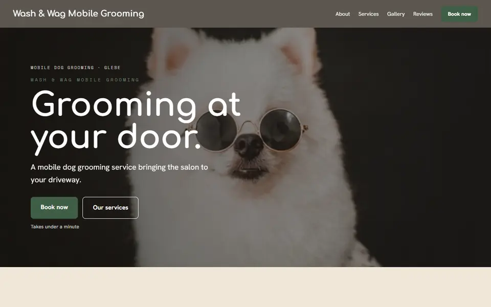 Wash & Wag Mobile Grooming: the mobile dog grooming site as it opens, Warm Classic direction