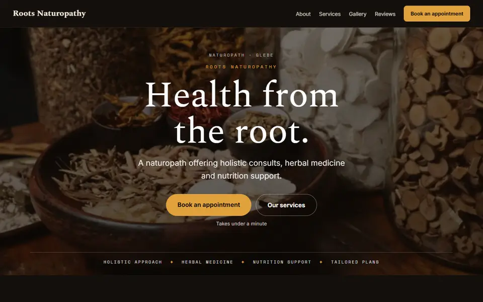 Roots Naturopathy: the naturopath site as it opens, Moody Dark direction