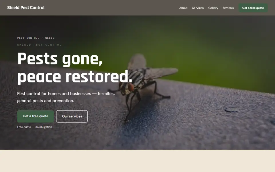 Shield Pest Control: the pest control site as it opens, Warm Classic direction