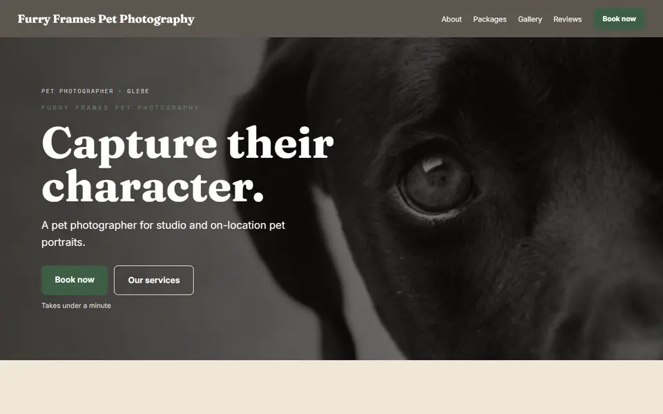 Furry Frames Pet Photography: the pet photographer site as it opens, Warm Classic direction