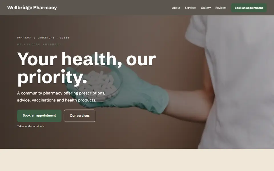 Wellbridge Pharmacy: the pharmacy site as it opens, Warm Classic direction