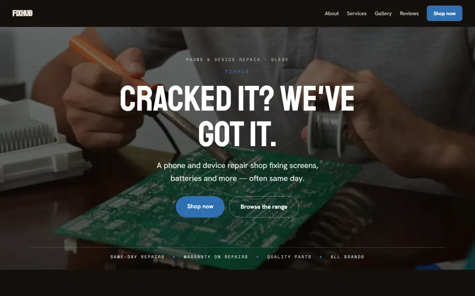 FixHub: the phone and device repair site as it opens, Moody Dark direction