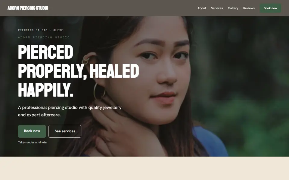 Adorn Piercing Studio: the piercing studio site as it opens, Warm Classic direction