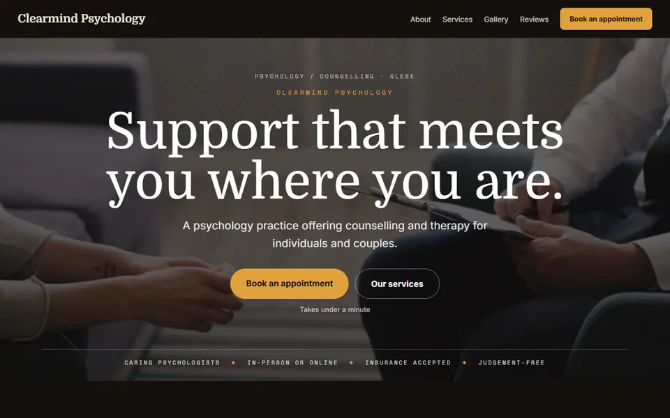 Clearmind Psychology: the psychology site as it opens, Moody Dark direction