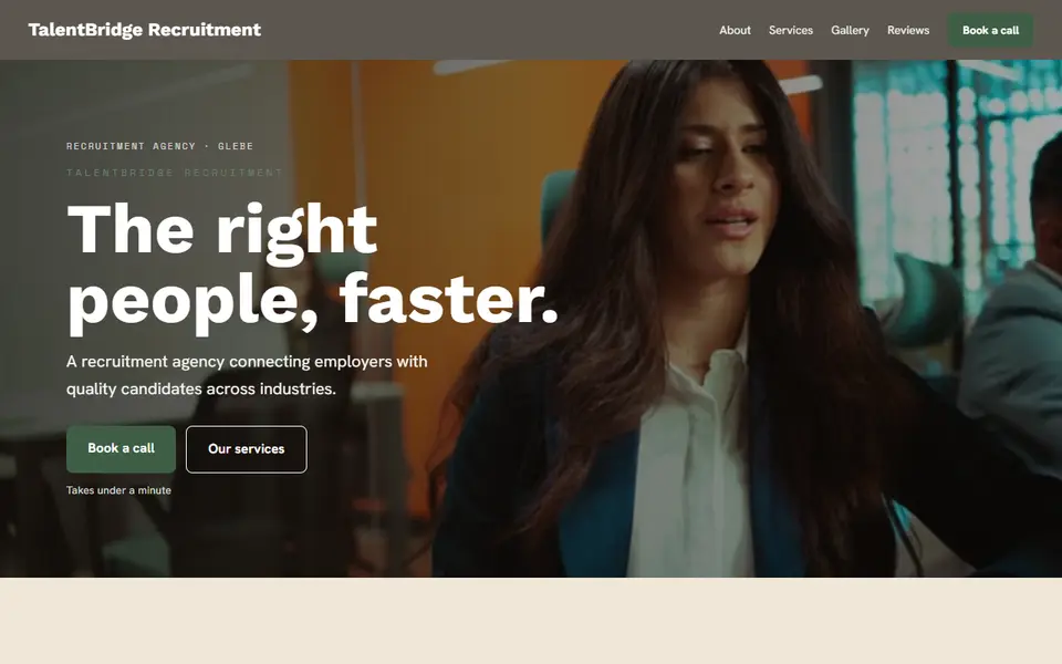TalentBridge Recruitment: the recruitment agency site as it opens, Warm Classic direction