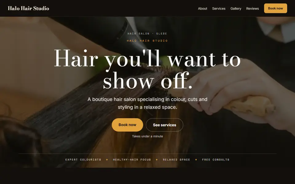 Halo Hair Studio: the hair salon site as it opens, Moody Dark direction