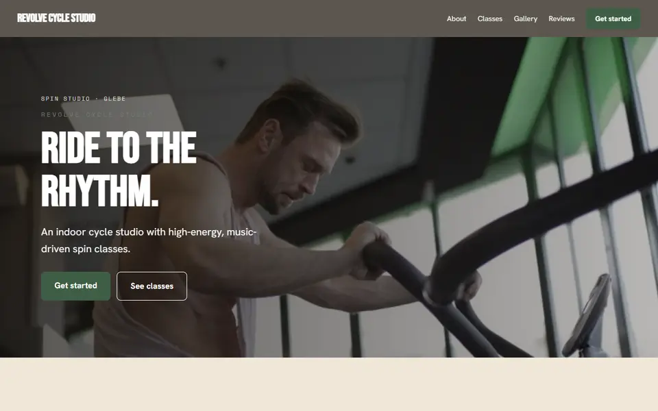 Revolve Cycle Studio: the spin studio site as it opens, Warm Classic direction