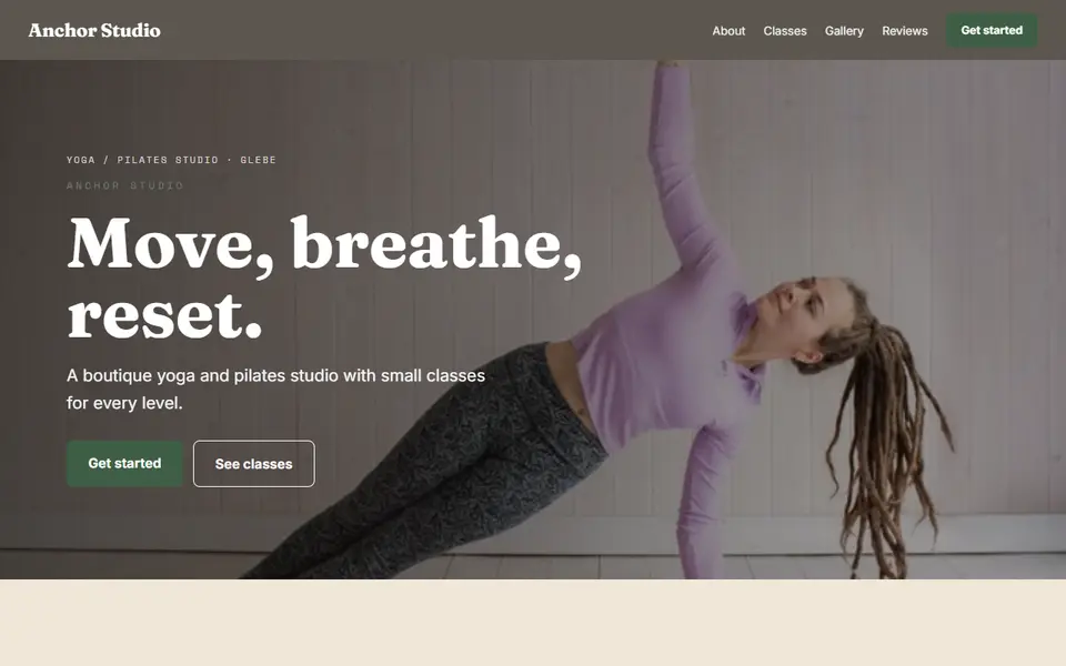 Anchor Studio: the yoga site as it opens, Warm Classic direction