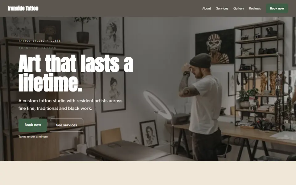Ironside Tattoo: the tattoo studio site as it opens, Warm Classic direction
