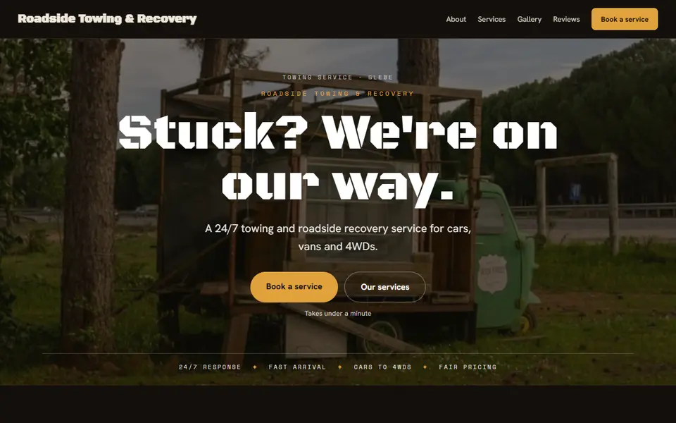 Roadside Towing & Recovery: the towing service site as it opens, Moody Dark direction