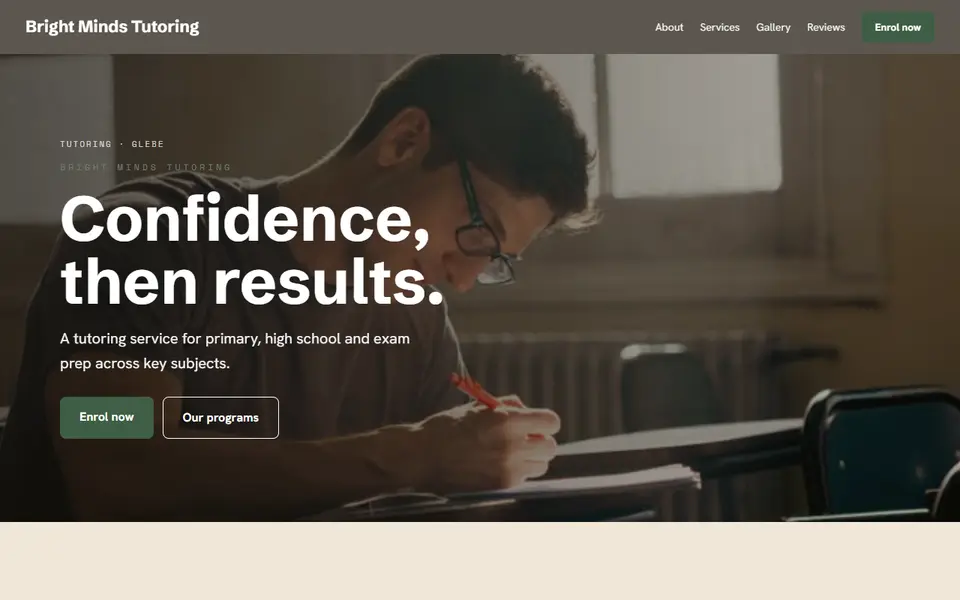 Bright Minds Tutoring: the tutoring site as it opens, Warm Classic direction