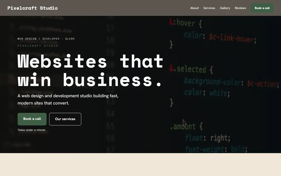 Pixelcraft Studio: the web design site as it opens, Warm Classic direction