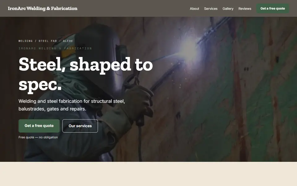 IronArc Welding & Fabrication: the welding site as it opens, Warm Classic direction