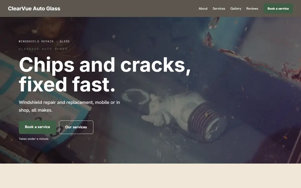 ClearVue Auto Glass: the windshield repair site as it opens, Warm Classic direction