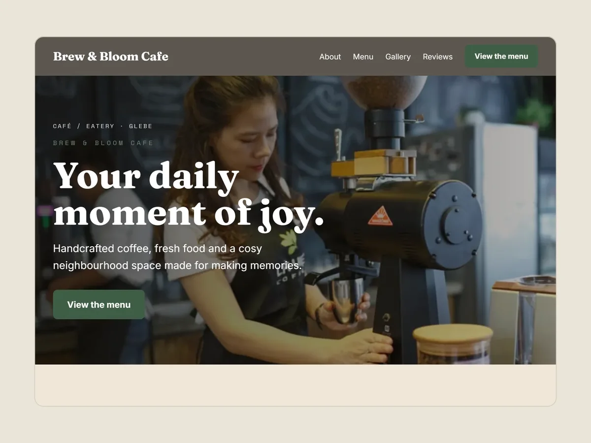 The café starting site as it first opens in the builder