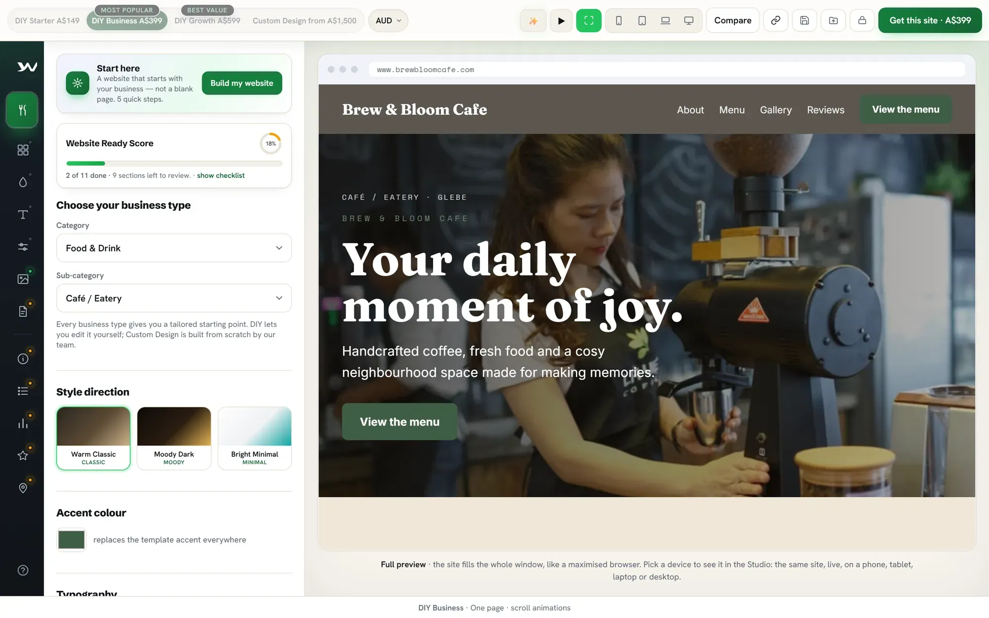 The Veloċi editor with the sample café starting site