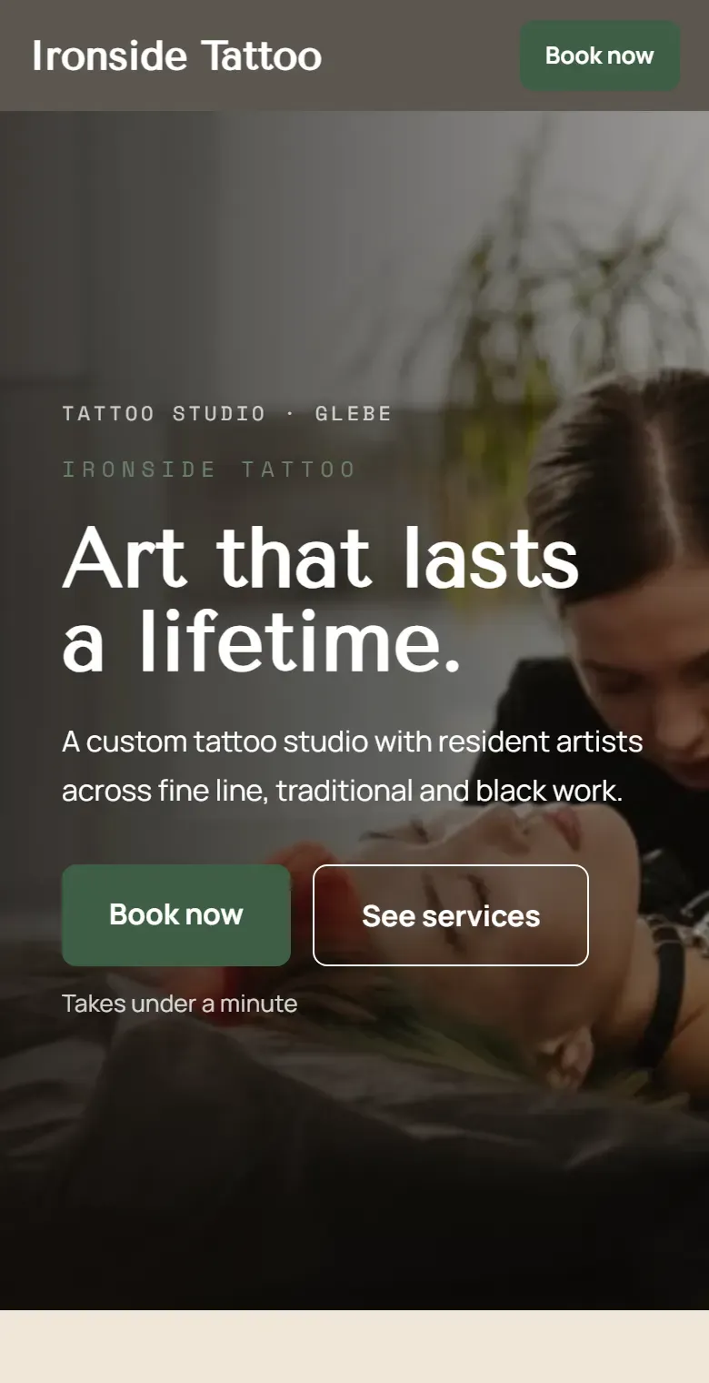 The tattoo studio starting site on a phone